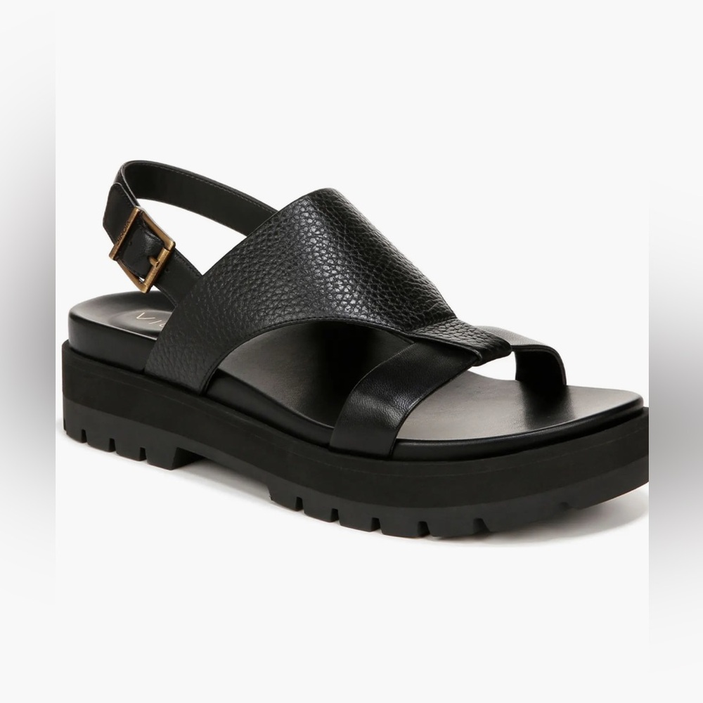 Vionic Black Textured Leather Platform Toe-Ring Slingback Sandals